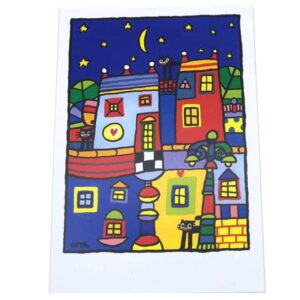 Ansichtskarte-Illustration---Hundertwasserhaus-mit-Nachtkatzen